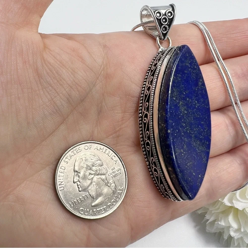 Large Lapis Lazuli Pendant Necklace Sterling Silver 925 Marquise Vintage Antique - Picture 7 of 11